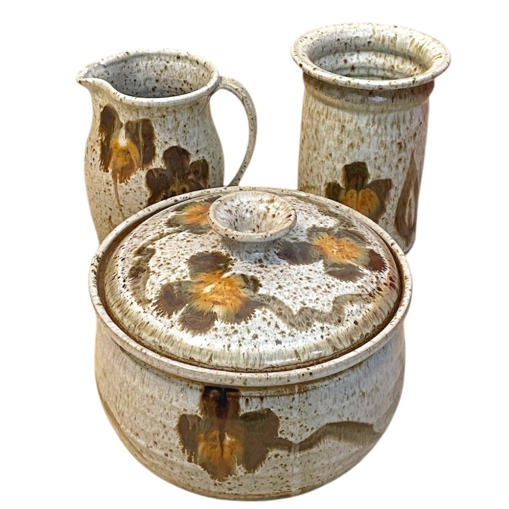 Mid Century Studio Art Pottery Pitcher Brown Speckled Glaze Set of 3 Signed - Picture 1 of 16